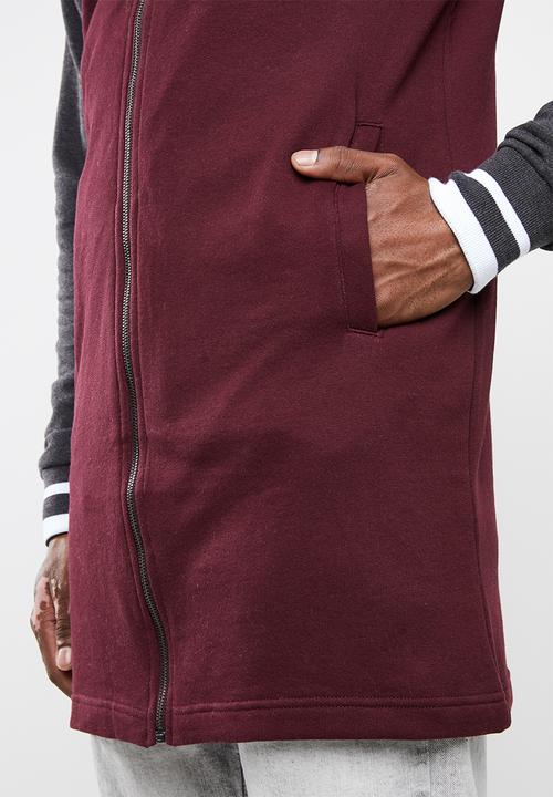 Brave Soul - Freedom longer length baseball raglan jacket - burgundy & grey 