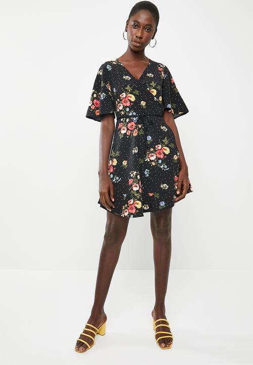 black frill detail wrap dress