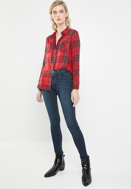 ONLY - Rebella long sleeve oversized check shirt - red