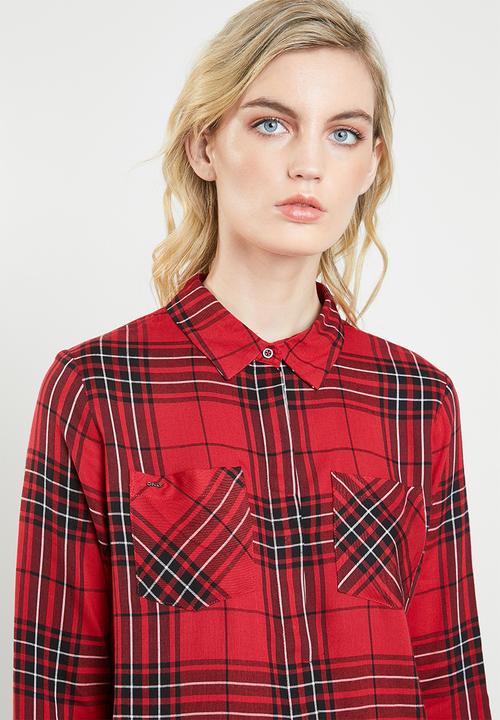 ONLY - Rebella long sleeve oversized check shirt - red