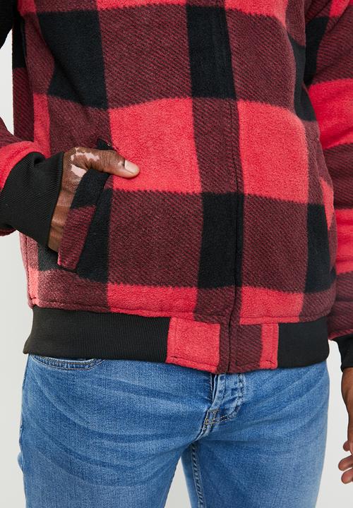 Brave Soul - Asher zip through check hoodie - red & black