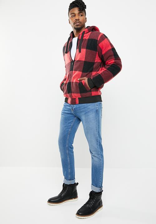 Brave Soul - Asher zip through check hoodie - red & black