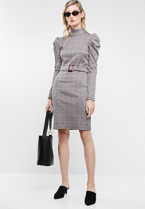 Superbalist - Puff sleeve mini dress with belt - red & black