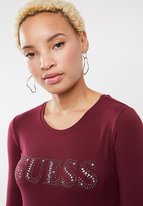 GUESS - Longsleeve contrast bling logo tee - burgundy