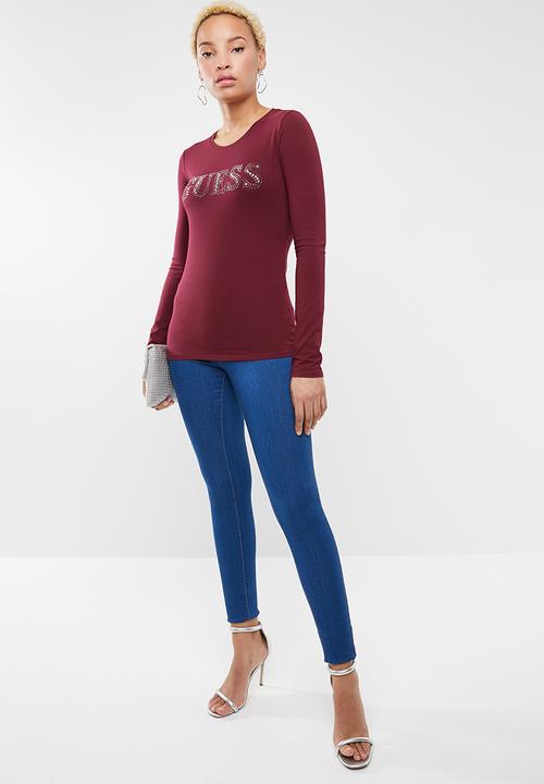 GUESS - Longsleeve contrast bling logo tee - burgundy
