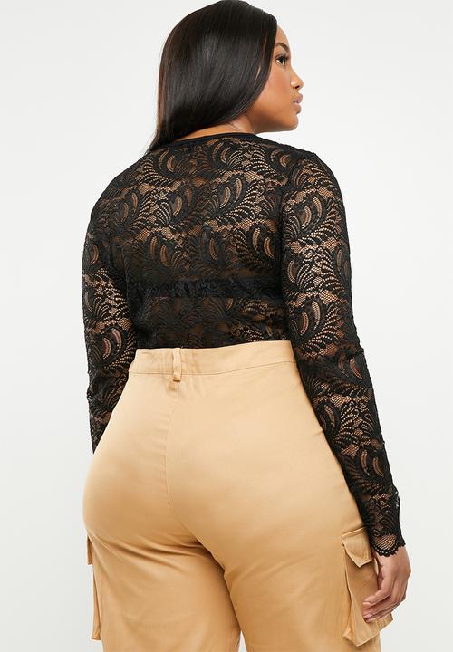 Missguided - Curve lace long sleeve bodysuit - black