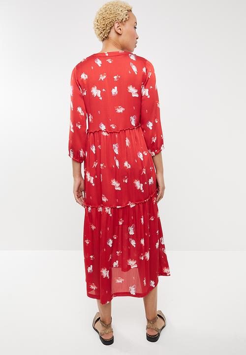 ONLY - Giza long sleeve maxi woven dress - red & white