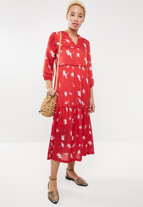 ONLY - Giza long sleeve maxi woven dress - red & white