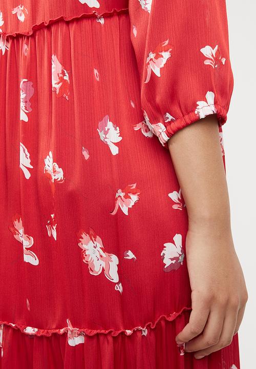 ONLY - Giza long sleeve maxi woven dress - red & white
