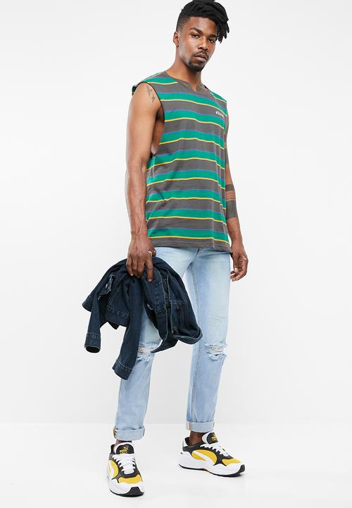 Silent Theory - Flagged stripe muscle tee - green & grey