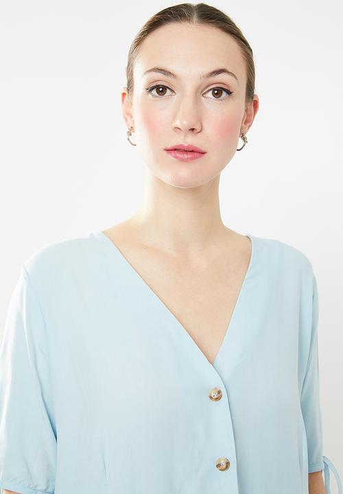edit - Button down peplum blouse - blue