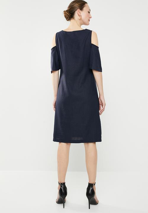 edit - Cold shoulder linen blend dress - navy