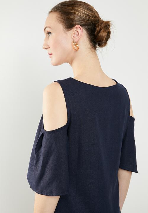 edit - Cold shoulder linen blend dress - navy