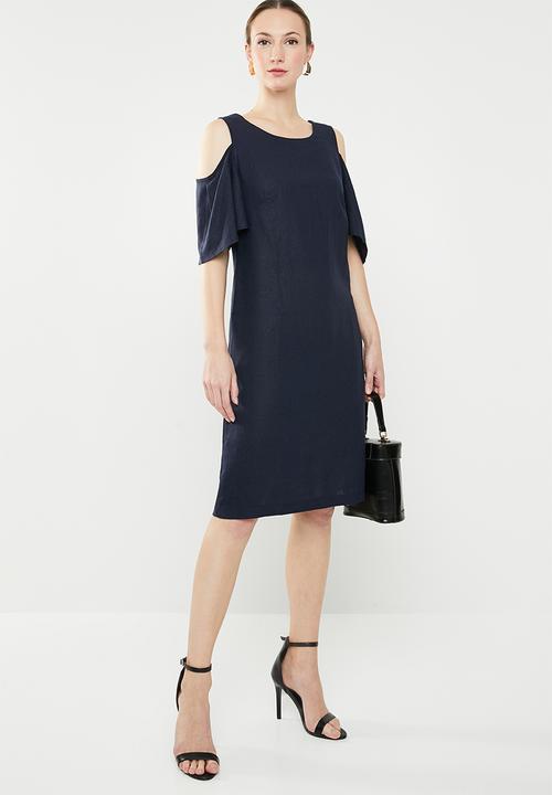 edit - Cold shoulder linen blend dress - navy