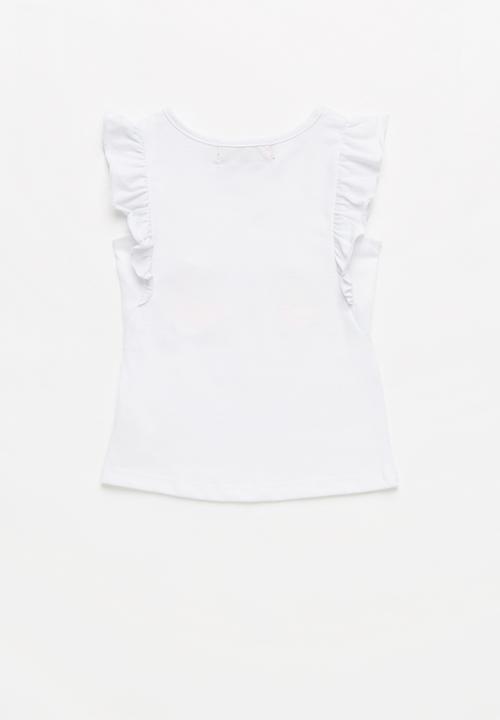 Pop Candy - Girls Ruffle Sleeve Printed T-shirt - white