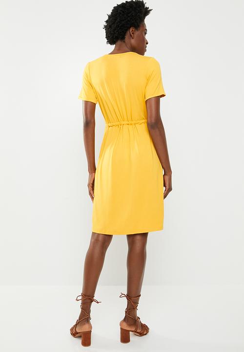 edit - Short sleeve dress with draw-cord - yellow
