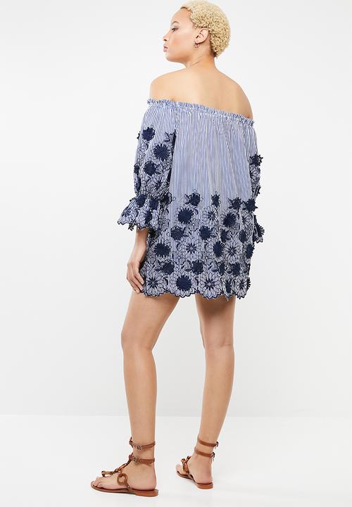STYLE REPUBLIC - Embroidered bardot dress - blue