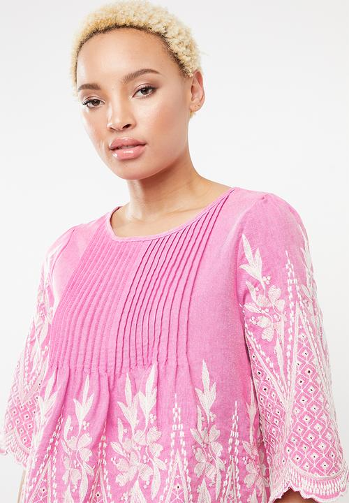 STYLE REPUBLIC - Embroidered linen blouse - pink & white