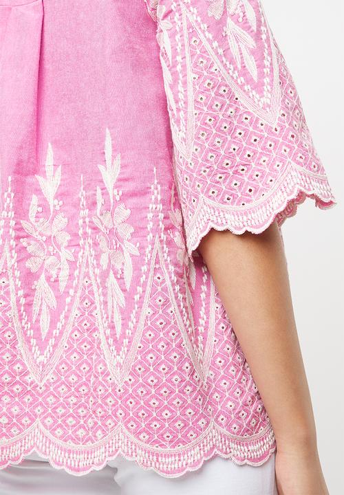 STYLE REPUBLIC - Embroidered linen blouse - pink & white