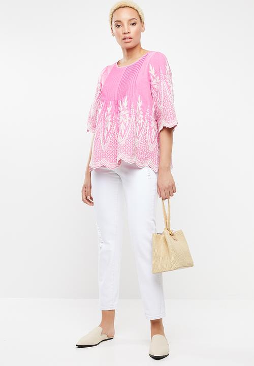 STYLE REPUBLIC - Embroidered linen blouse - pink & white