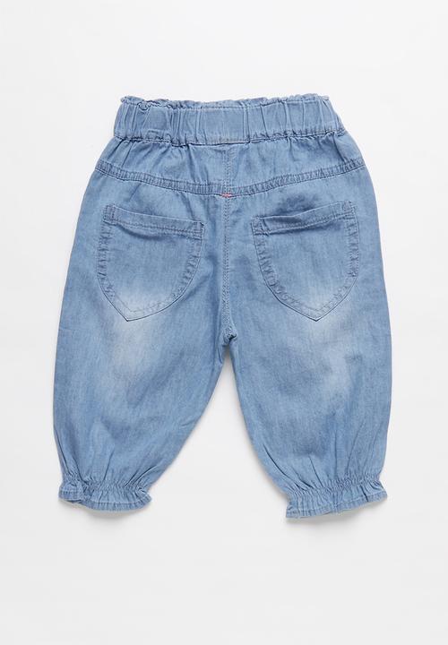 Pop Candy - Girls floral print denim joggers - blue