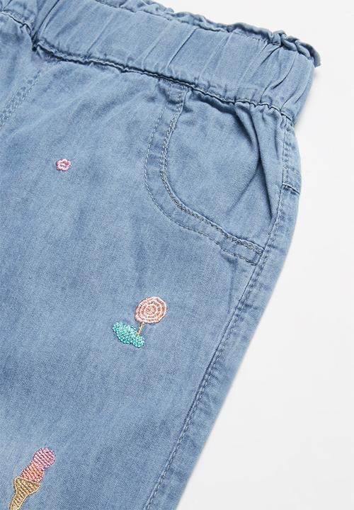 Pop Candy - Girls floral print denim joggers - blue