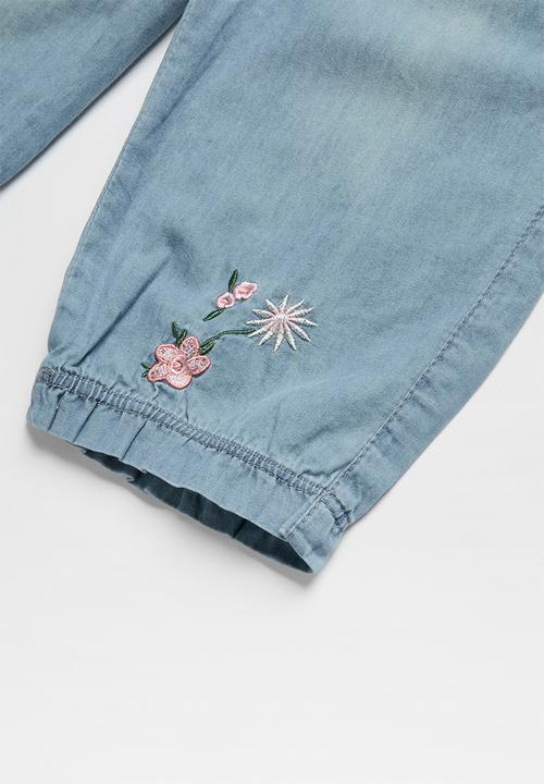Pop Candy - Girls floral print denim joggers - blue