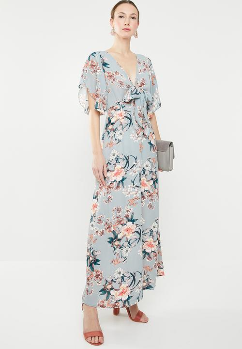 Revenge - Grey floral maxi with tie front - blue