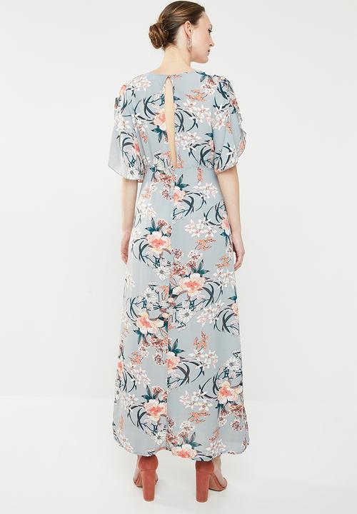 Revenge - Grey floral maxi with tie front - blue