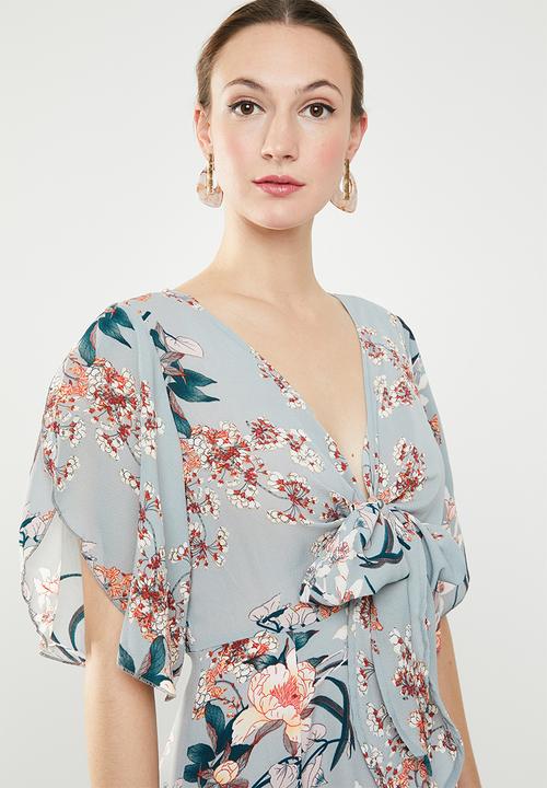 Revenge - Grey floral maxi with tie front - blue