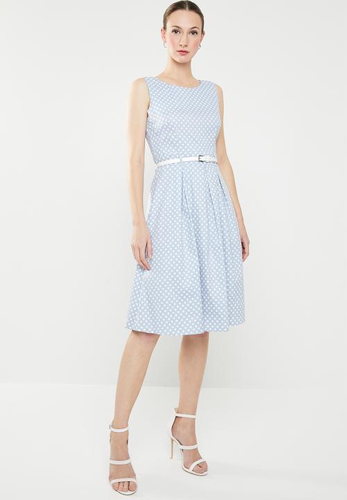 Revenge - Polka dot belted fit & flare dress - blue & white