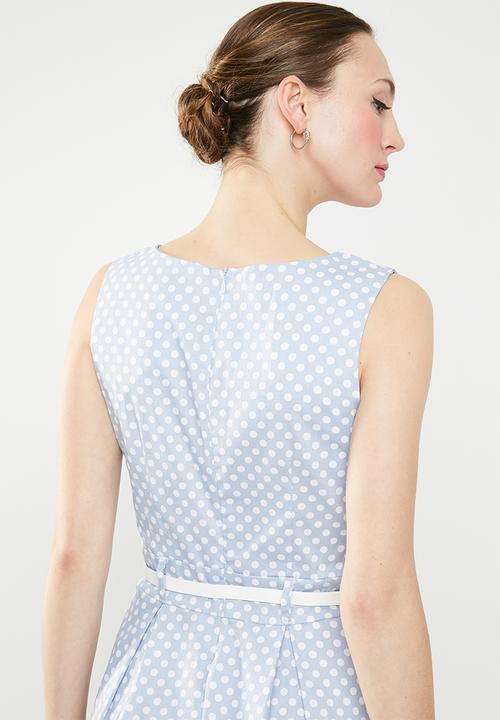 Revenge - Polka dot belted fit & flare dress - blue & white