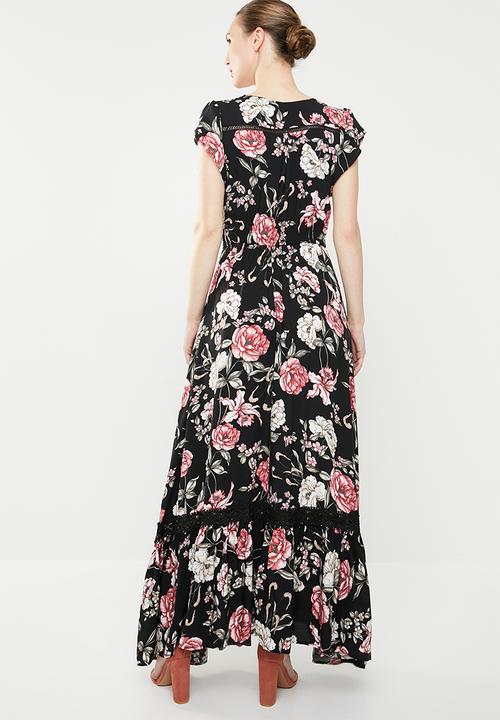 Revenge - Frill sleeve floral maxi dress - black