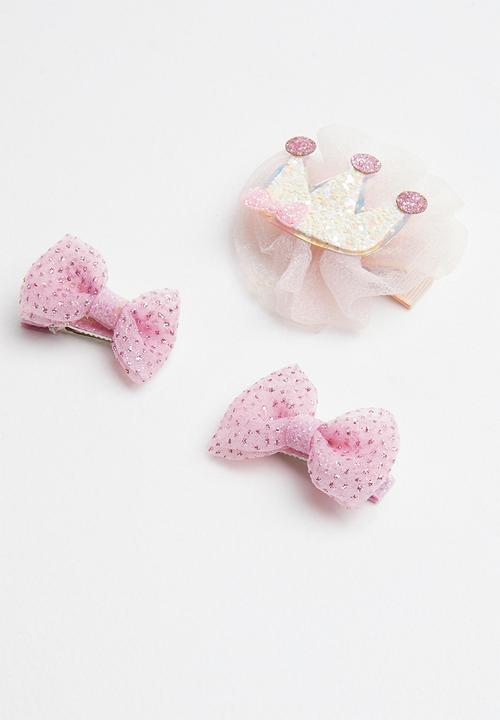 Pop Candy - 3 piece crown hair clip pack - pink & yellow