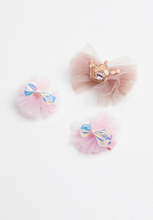 Pop Candy - 3 piece crown & bow hair clip pack - pink & brown