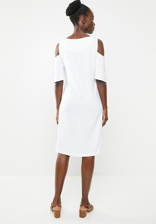 edit - Cold shoulder linen blend dress - white
