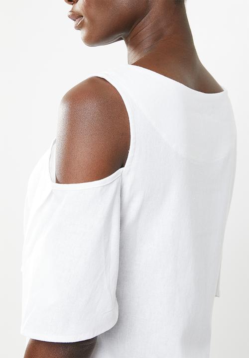edit - Cold shoulder linen blend dress - white