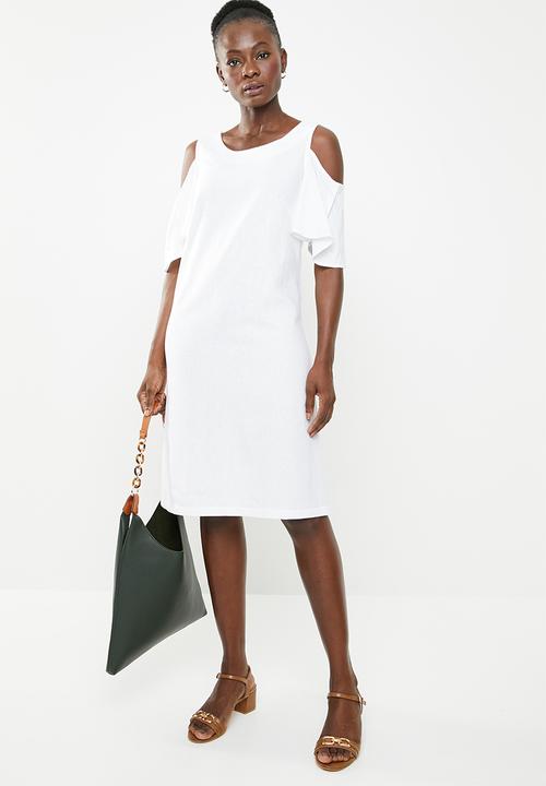 edit - Cold shoulder linen blend dress - white