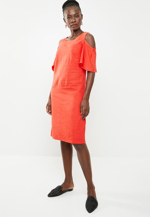 edit - Cold shoulder linen blend dress - orange