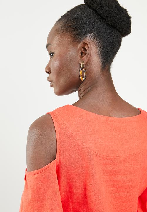 edit - Cold shoulder linen blend dress - orange