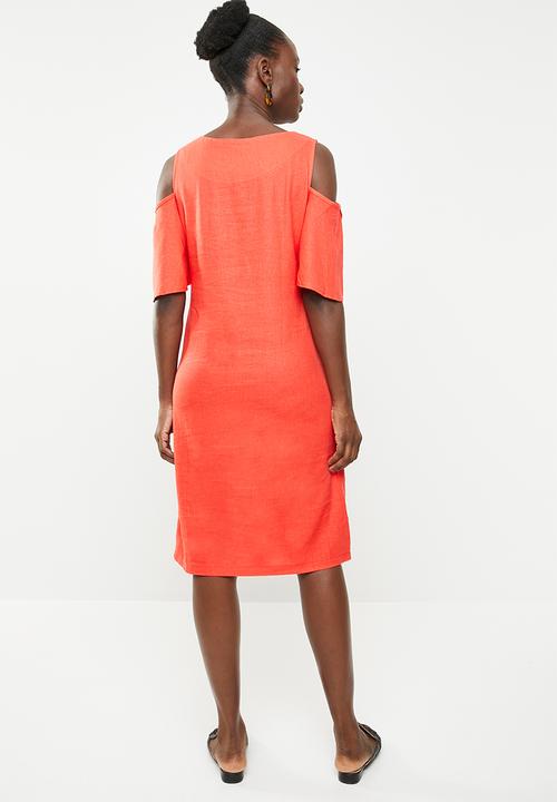 edit - Cold shoulder linen blend dress - orange