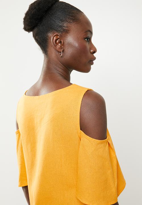 edit - Cold shoulder linen blend dress - yellow