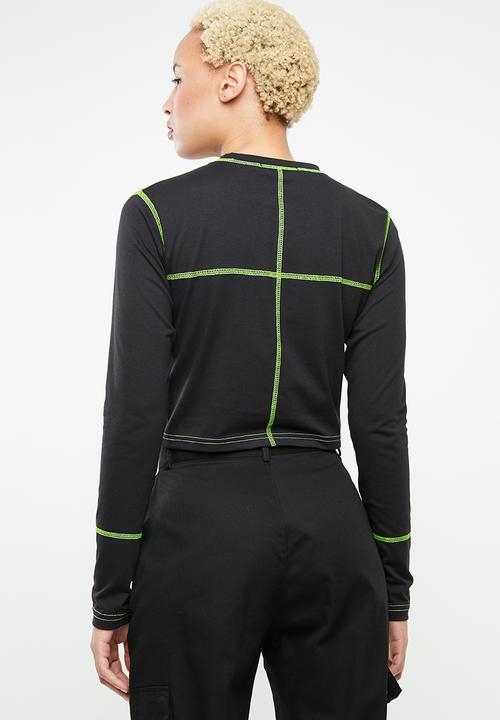 Missguided - Contrast stitch crew neck long sleeve top - black & green 