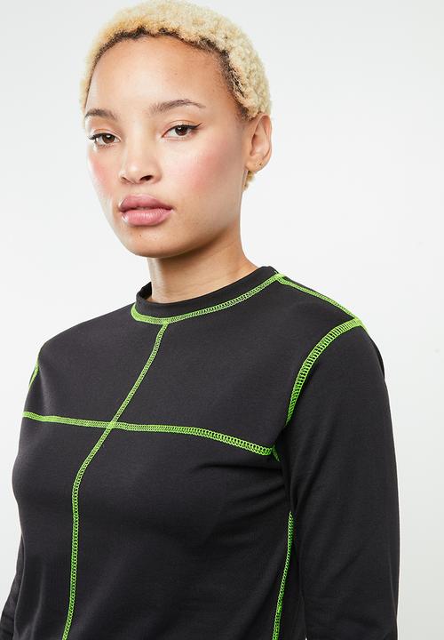Missguided - Contrast stitch crew neck long sleeve top - black & green 
