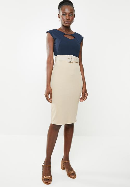 edit - Pencil dress with covered belt - navy & neutral