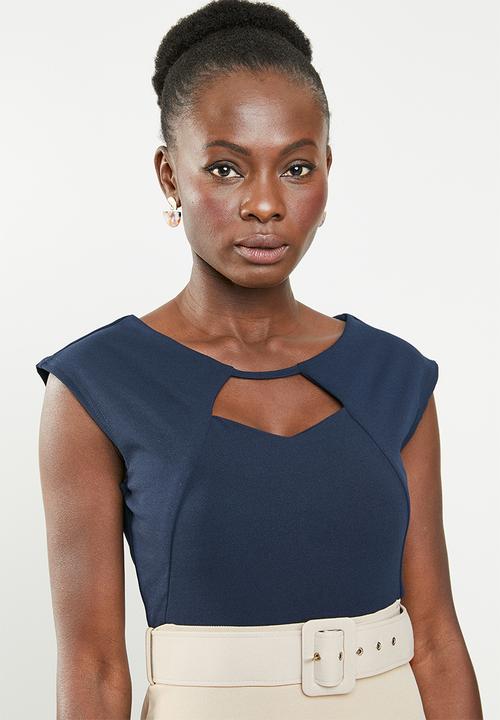 edit - Pencil dress with covered belt - navy & neutral