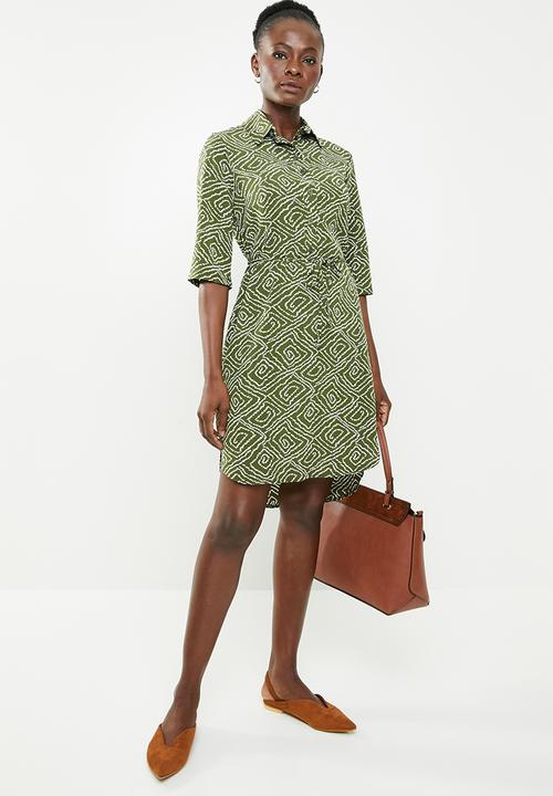edit - Short sleeve shirt dress - green & white