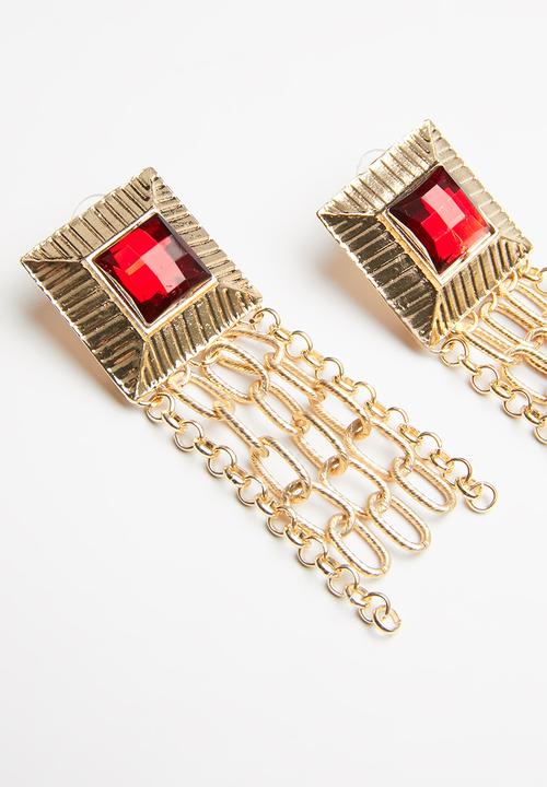 Superbalist - Multi chain statement earrings - gold & red