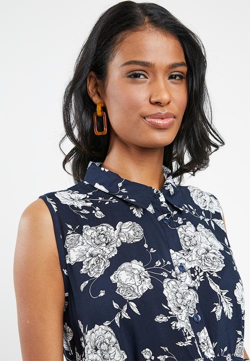 Cherry Melon - Sleeveless shirt dress - navy & white 