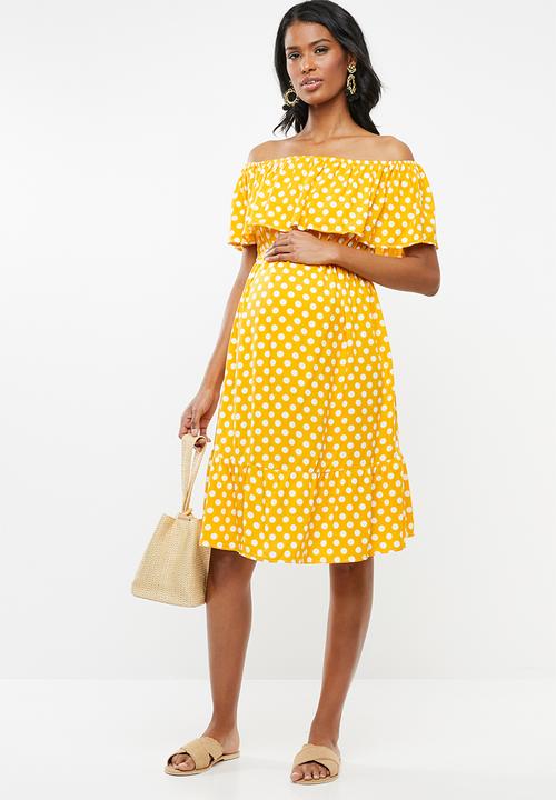 edit Maternity - Bardot frill dress - yellow & white 